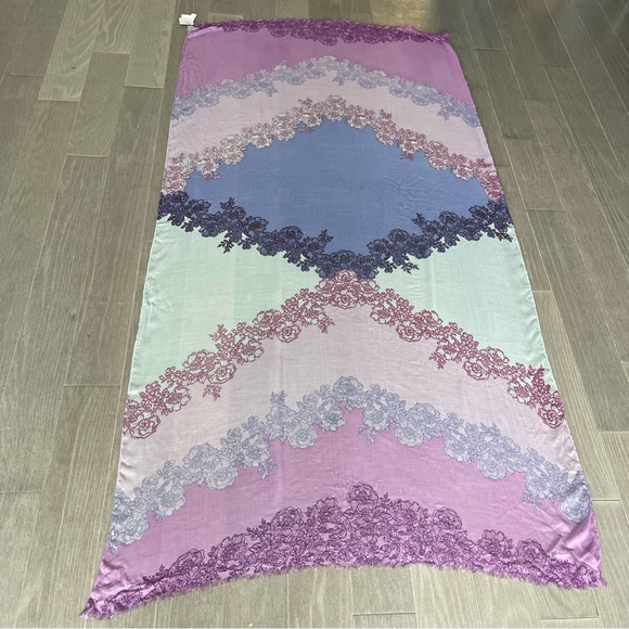 NWT NORDSTROM PURPLE REGENCY LACE PRINT SILK BLEND SCARF WRAP BEACH COVERUP O/S - Picture 4 of 12